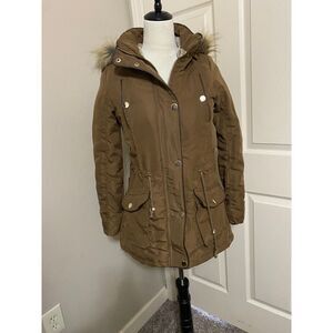 Stylish Khaki Winter Parka with Zip Off Faux Fur Hood Trim‎ Outdoor Coat